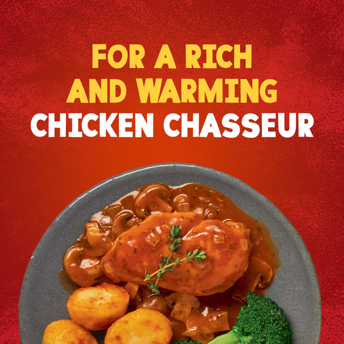 A plated serving of chicken breast smothered in a rich mushroom sauce prepared with Schwartz Chicken Chasseur Recipe Mix 40G alongside roasted potatoes and broccoli.