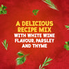 A graphic for Schwartz Chicken Chasseur Recipe Mix 40G featuring a textured red background with floating sprigs of parsley and thyme and text describing the delicious recipe mix with white wine flavour.