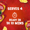 An infographic for Schwartz Chicken Chasseur Recipe Mix 40G featuring a stopwatch icon and text stating it serves 4 and is ready in 1 hour and 10 minutes against a red background with lemon slices and peppercorns.