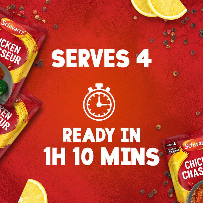 An infographic for Schwartz Chicken Chasseur Recipe Mix 40G featuring a stopwatch icon and text stating it serves 4 and is ready in 1 hour and 10 minutes against a red background with lemon slices and peppercorns.