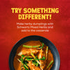 A promotional graphic for Schwartz Chicken Chasseur Recipe Mix 40G suggests trying something different by adding herby dumplings made with Schwartz Mixed Herbs to a casserole dish featuring dumplings and greens in a rich sauce.