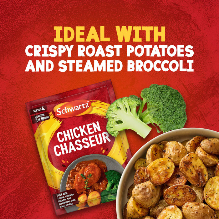 A packet of Schwartz Chicken Chasseur Recipe Mix 40G is displayed against a red background alongside fresh broccoli and a bowl of crispy roast potatoes as a serving suggestion.