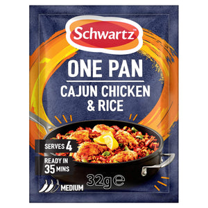 A 32g packet of Schwartz One Pan Cajun Chicken & Rice 32G seasoning mix featuring a medium heat rating and a vibrant illustration of the finished meal in a skillet.