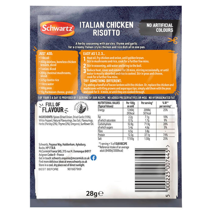 The back of a package of Schwartz One Pan Italian Chicken Risotto Recipe Mix 28G displays cooking instructions, a list of required ingredients, and a detailed nutritional information table.