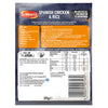 The back of a Schwartz One Pan Spanish Chicken & Rice Recipe Mix 30G packet provides detailed cooking instructions, a list of required fresh ingredients, and a nutritional information table.