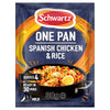 A packet of Schwartz One Pan Spanish Chicken & Rice Recipe Mix 30G featuring a vibrant illustration of a prepared meal in a skillet with a mild spice rating.