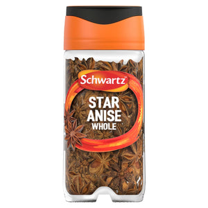 A clear glass jar of Schwartz Star Anise Whole 10G featuring an orange and black lid and a label showing the star-shaped spice pods inside.