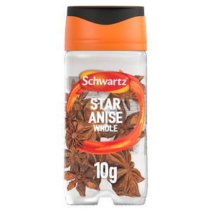 A clear glass jar of Schwartz Star Anise Whole 10G featuring the whole star-shaped spice pods visible through the container.