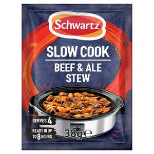 A 38g packet of Schwartz Slow Cook Beef & Ale Stew 38G seasoning mix featuring a visual of a hearty stew simmering in a slow cooker.