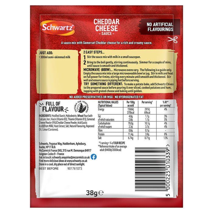 The back of a packet of Schwartz Cheddar Cheese Sauce 38G, displaying the ingredients, nutritional information, and cooking instructions.