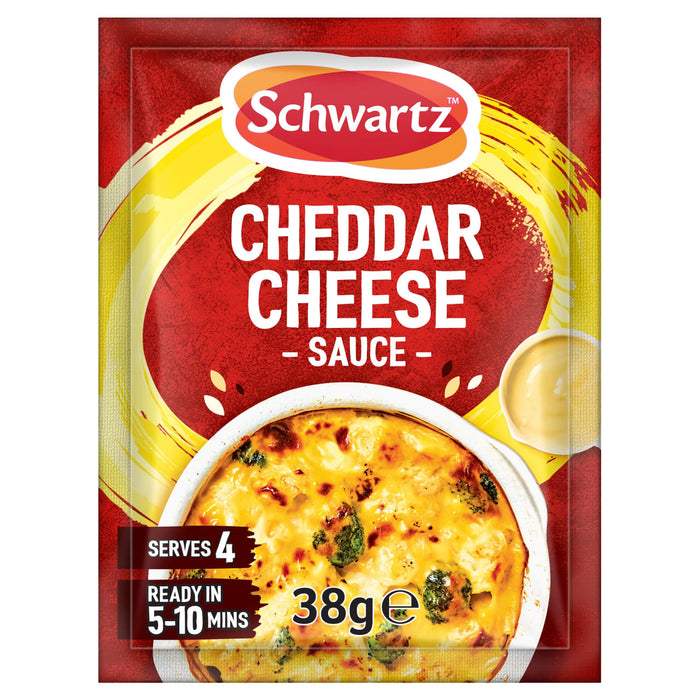 A packet of Schwartz Cheddar Cheese Sauce 38G featuring a vibrant red and yellow design with an image of a cheesy broccoli bake that serves four and is ready in 5 to 10 minutes.