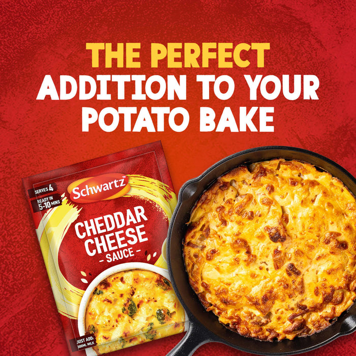 An advertisement showing a packet of Schwartz Cheddar Cheese Sauce 38G next to a finished potato bake in a skillet, with text that reads, The perfect addition to your potato bake.