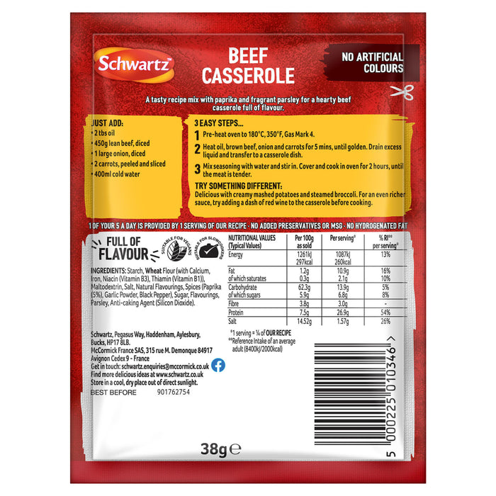 The front and back of a packet of Schwartz Beef Casserole Recipe Mix 38G, showing the ingredients, nutritional information, and cooking instructions.