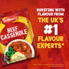 An advertisement for Schwartz Beef Casserole Recipe Mix 38G shows the packet next to a finished bowl of the dish, with text proclaiming it is from the UKs number one flavour experts.