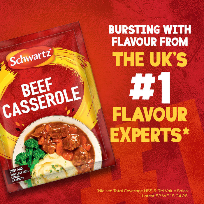 An advertisement for Schwartz Beef Casserole Recipe Mix 38G shows the packet next to a finished bowl of the dish, with text proclaiming it is from the UKs number one flavour experts.