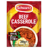 A packet of Schwartz Beef Casserole Recipe Mix 38G featuring a serving suggestion of a hearty beef stew with carrots and mashed potatoes.