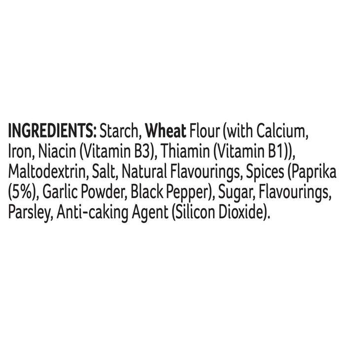 A detailed list of ingredients for Schwartz Beef Casserole Recipe Mix 38G including starch, wheat flour, maltodextrin, salt, and various spices like paprika and garlic powder.