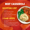 An infographic displays a shopping list and simple recipe steps for making a delicious meal with Schwartz Beef Casserole Recipe Mix 38G, next to a plated serving of the finished dish.