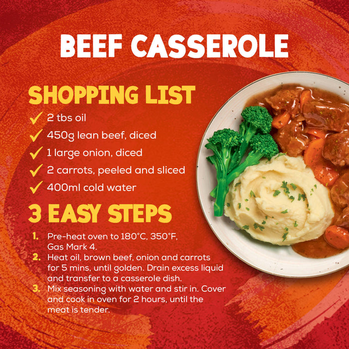 An infographic displays a shopping list and simple recipe steps for making a delicious meal with Schwartz Beef Casserole Recipe Mix 38G, next to a plated serving of the finished dish.