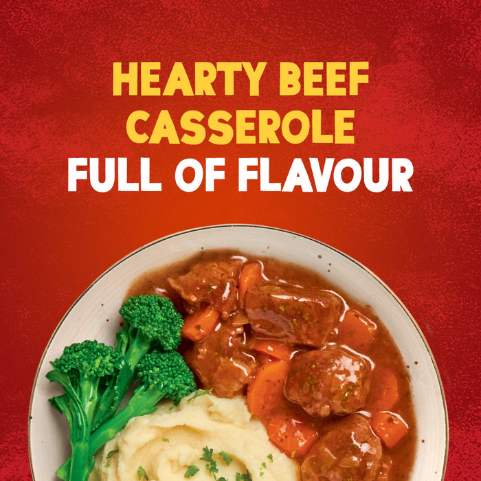 A delicious serving of hearty beef casserole, made possible with Schwartz Beef Casserole Recipe Mix 38G, is plated with mashed potatoes and broccoli.