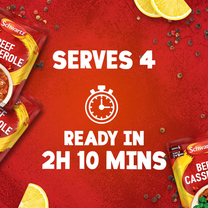 An advertisement for Schwartz Beef Casserole Recipe Mix 38G shows packets of the product on a red background, emphasizing that it serves 4 and is ready in 2 hours and 10 minutes.