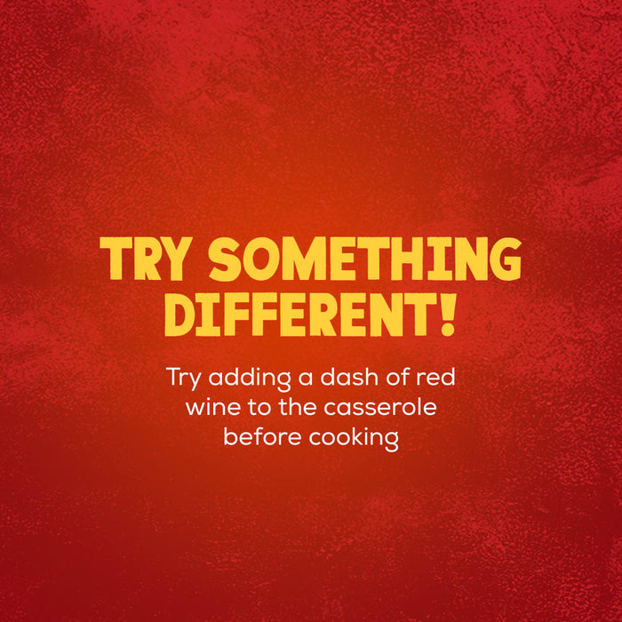 A cooking tip suggests trying something different with the Schwartz Beef Casserole Recipe Mix 38G by adding a dash of red wine before cooking, shown against a textured red background.