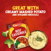 A packet of Schwartz Beef Casserole Recipe Mix 38G is displayed on a red background next to a bowl of creamy mashed potatoes and fresh broccoli, illustrating a serving suggestion.