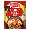 A 40g packet of Schwartz Luxury Bread Sauce 40G featuring a serving suggestion of a traditional roast dinner with turkey and vegetables.