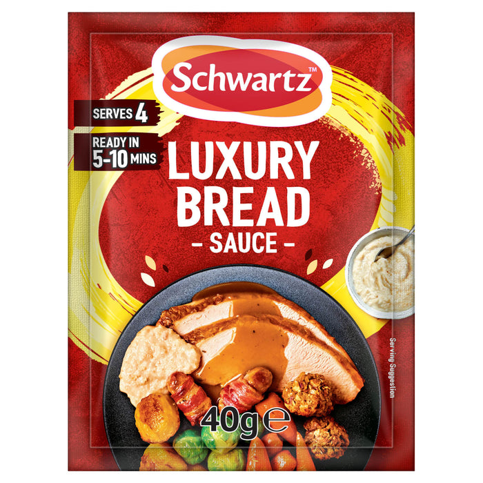 A 40g packet of Schwartz Luxury Bread Sauce 40G featuring a serving suggestion of a traditional roast dinner with turkey and vegetables.