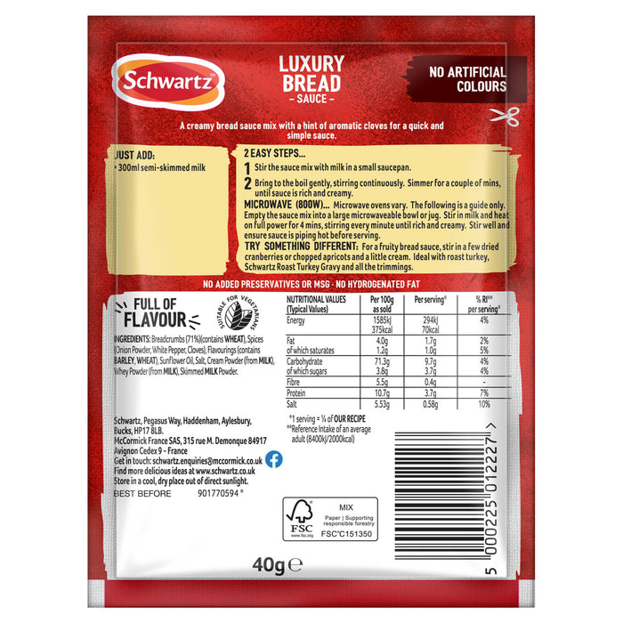 The back of the packet for Schwartz Luxury Bread Sauce 40G shows the ingredients, nutritional information, and cooking instructions for the creamy sauce mix.