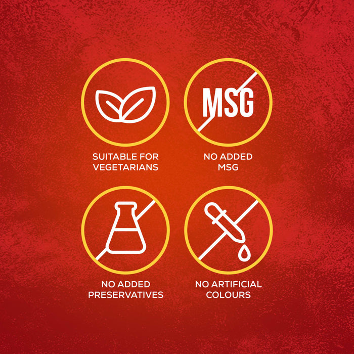 An infographic highlights the key attributes of Schwartz Luxury Bread Sauce 40G, including being suitable for vegetarians, having no added MSG, no added preservatives, and no artificial colours.