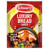 A packet of Schwartz Luxury Bread Sauce 40G featuring a serving suggestion of sliced turkey with gravy, roasted vegetables, and a side bowl of creamy bread sauce.