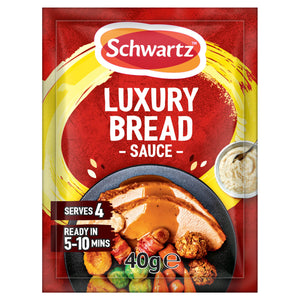 A packet of Schwartz Luxury Bread Sauce 40G featuring a serving suggestion of sliced turkey with gravy, roasted vegetables, and a side bowl of creamy bread sauce.