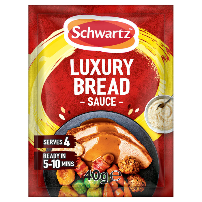 A packet of Schwartz Luxury Bread Sauce 40G featuring a serving suggestion of sliced turkey with gravy, roasted vegetables, and a side bowl of creamy bread sauce.