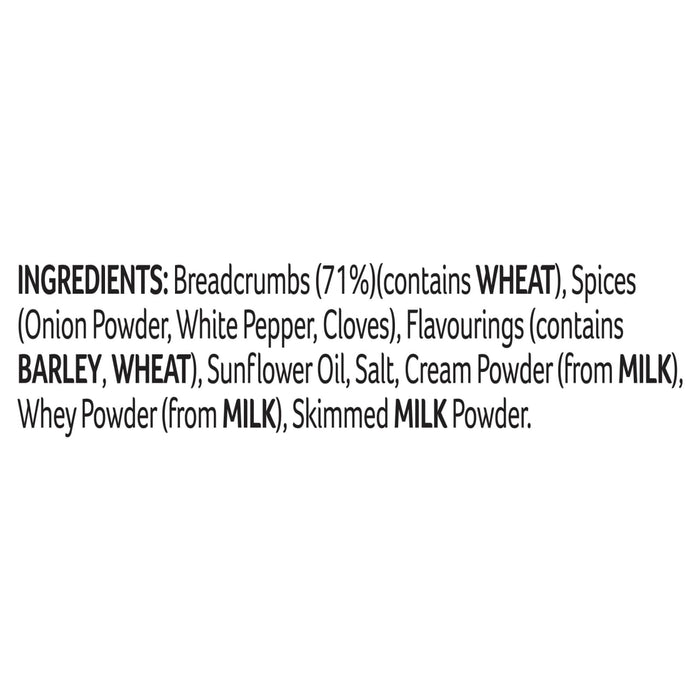 The ingredients list for Schwartz Luxury Bread Sauce 40G, detailing components like breadcrumbs, spices, and allergens such as wheat, barley, and milk.