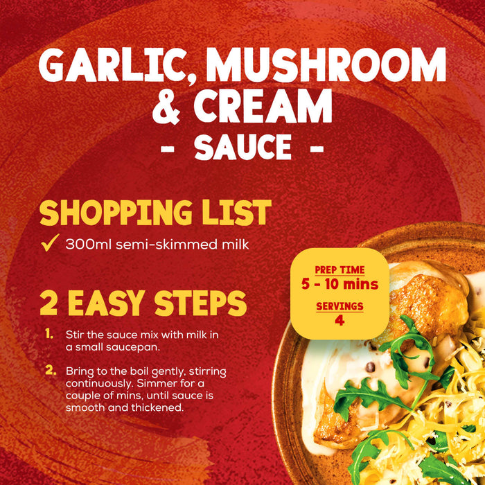 An infographic for Schwartz Garlic & Mushroom Sauce 26G detailing a two step cooking process using 300ml of semi-skimmed milk to create four servings in under ten minutes.