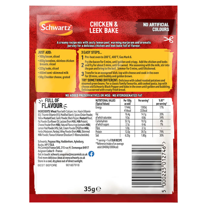 The back of a packet of Schwartz Chicken & Leek Bake Recipe Mix 35G provides cooking instructions, nutritional information, and a list of ingredients for a creamy meal.