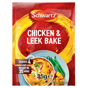 A packet of Schwartz Chicken & Leek Bake Recipe Mix 35G featuring a vibrant red and yellow design with a serving suggestion of a creamy baked dish alongside green beans and roasted potatoes.