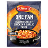 A 32g packet of Schwartz One Pan Italian Cheesy Chicken & Garlic Pasta 32G seasoning mix featuring a serving suggestion of the prepared dish in a black skillet.