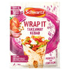 A package of Schwartz Wrap It Takeaway Kebab 30G seasoning mix featuring a vibrant illustration of a chicken kebab wrap with fresh tomatoes and garlic.