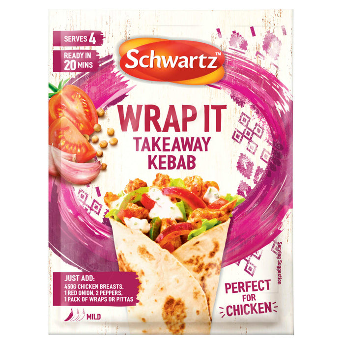 A package of Schwartz Wrap It Takeaway Kebab 30G seasoning mix featuring a vibrant illustration of a chicken kebab wrap with fresh tomatoes and garlic.