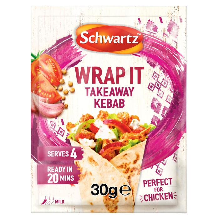 A packet of Schwartz Wrap It Takeaway Kebab 30G seasoning mix featuring a vibrant illustration of a chicken kebab wrap alongside fresh tomatoes and garlic.