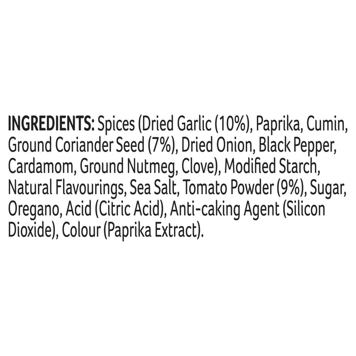 A list of ingredients for Schwartz Wrap It Takeaway Kebab 30G including dried garlic, paprika, cumin, ground coriander seed, and other spices.