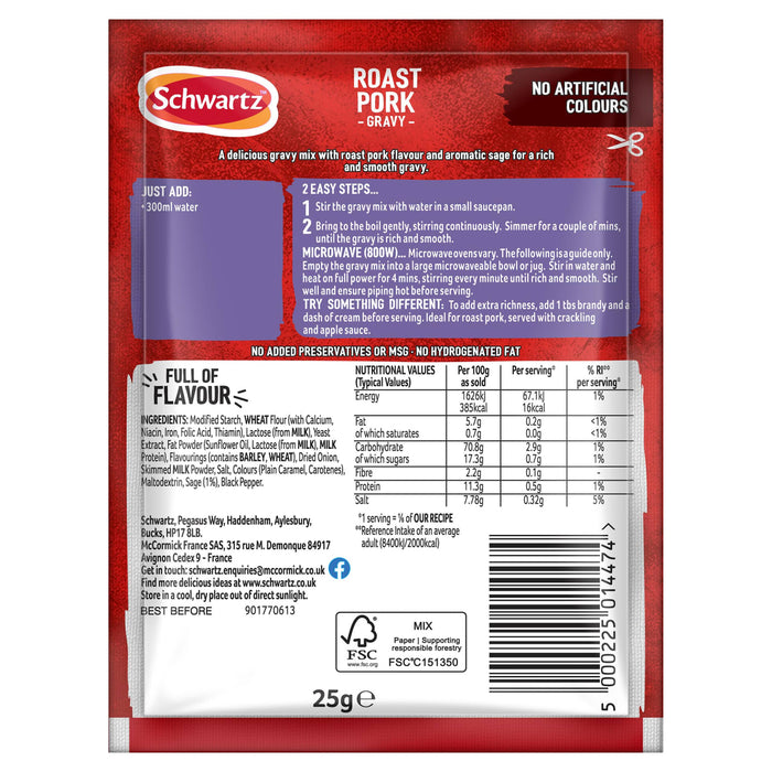 The back of a packet of Schwartz Classic Roast Pork & Sage Gravy 25G provides detailed cooking instructions, nutritional information, and a full list of ingredients.