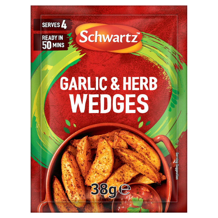 A red packet of Schwartz Garlic And Herb Wedges, 38G, is displayed in front of a terracotta bowl filled with seasoned potato wedges as a serving suggestion.
