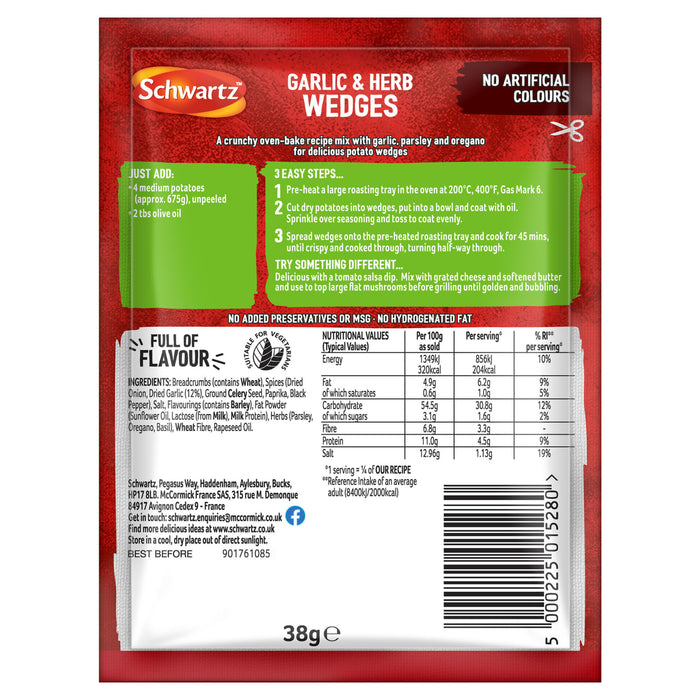 The back of the packaging for Schwartz Garlic And Herb Wedges, 38G, displays the ingredients, nutritional values, and cooking instructions for making delicious potato wedges.