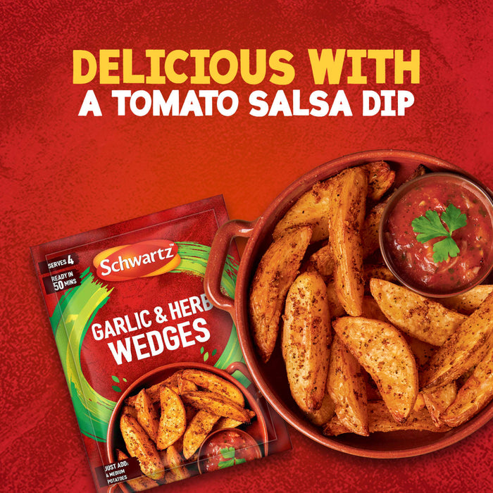 A packet of Schwartz Garlic And Herb Wedges, 38G is displayed next to a rustic bowl filled with seasoned potato wedges and a side of tomato salsa dip.