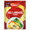 A red sachet of Schwartz Hollandaise Sauce Mix 25G is displayed above a plate showing a serving suggestion of salmon and asparagus topped with the finished sauce.