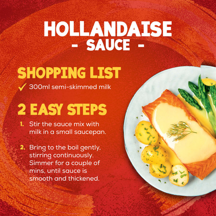 An infographic shows the simple, two-step instructions for preparing Schwartz Hollandaise Sauce Mix 25G, alongside a finished dish of salmon topped with the creamy sauce.