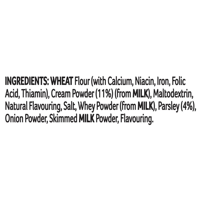 The ingredients list for Schwartz Creamy Parsley Sauce 26G is shown in black text on a white background, detailing components like wheat flour, cream powder, and parsley.